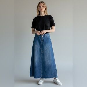 Wash Lab Dark Blue Denim Maxi Skirt Raw Hem Size 27